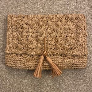 Raffia Woven Clutch with Leather Tassels